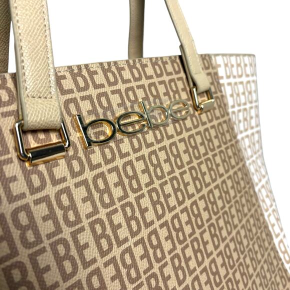Bebe Ashley Logo Print Tote Bag Tan Handbag Purse XL Large School Work - Picture 7 of 16